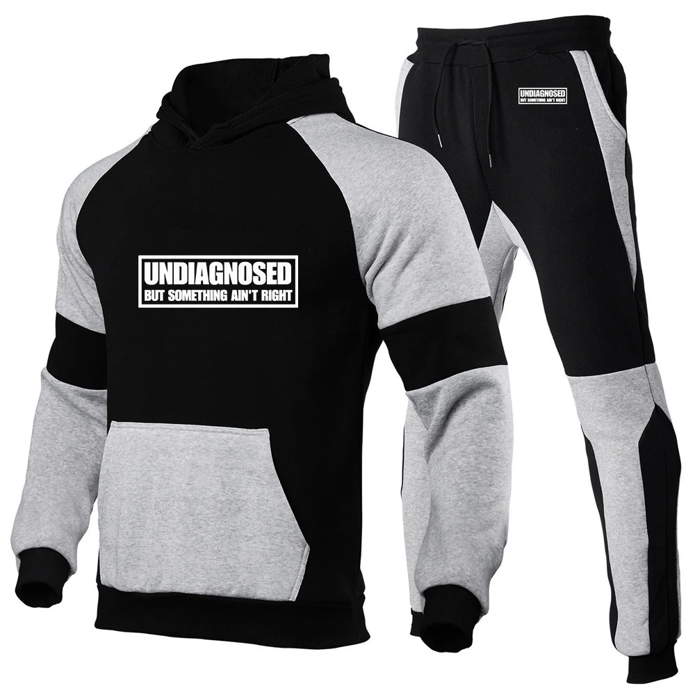 

2026 Undiagnosed But Something Ain't Right Print Spring Autumn Men's New Patchwork Hoodie Pullover+Fashion Trouser Sports Suit