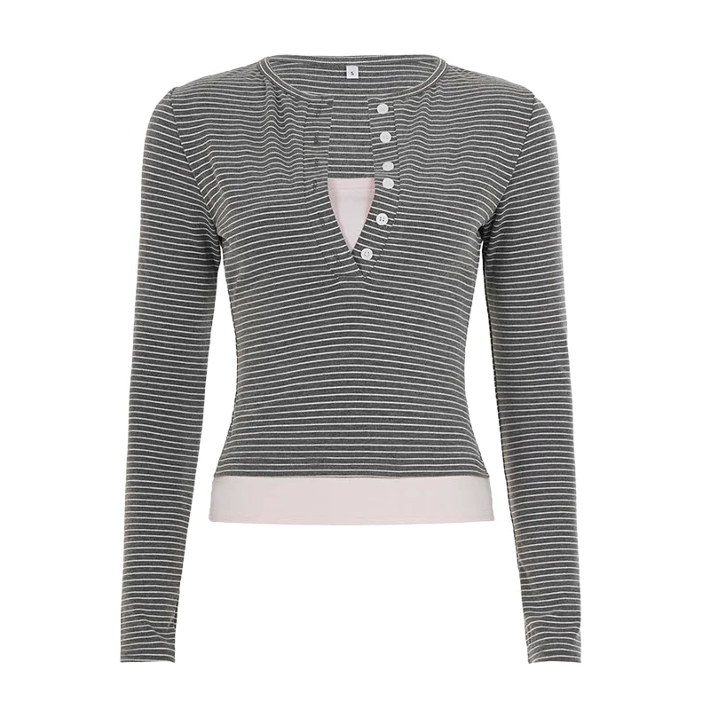 Women's Regular-Length Striped T-Shirt with Color-Contrast Buttons for Yoga Beach Cycling and Seasonal Casual Wear