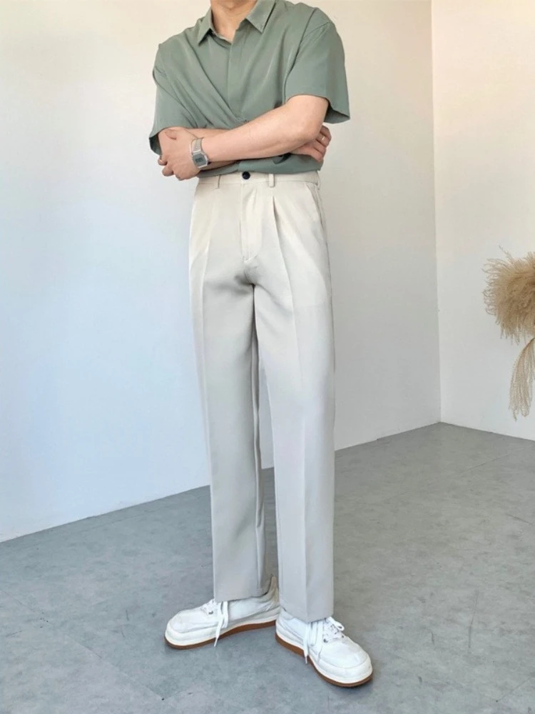 Men's Straight Wide Leg Pants Autumn Casual Loose Fit Trousers Korean Trendy High Waist All Match Flowy Fabric Dress Pants