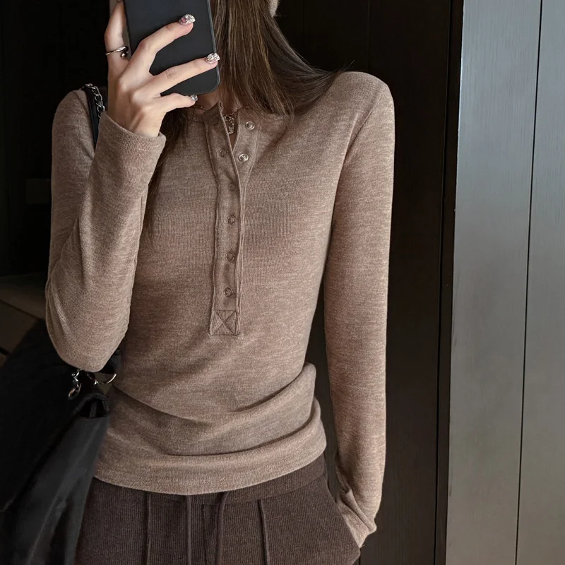 Henry Collar Long-Sleeve T-Shirt Women's Lightweight Early Autumn Flannel Button-Down Slim-Fit Slimming Versatile Layer