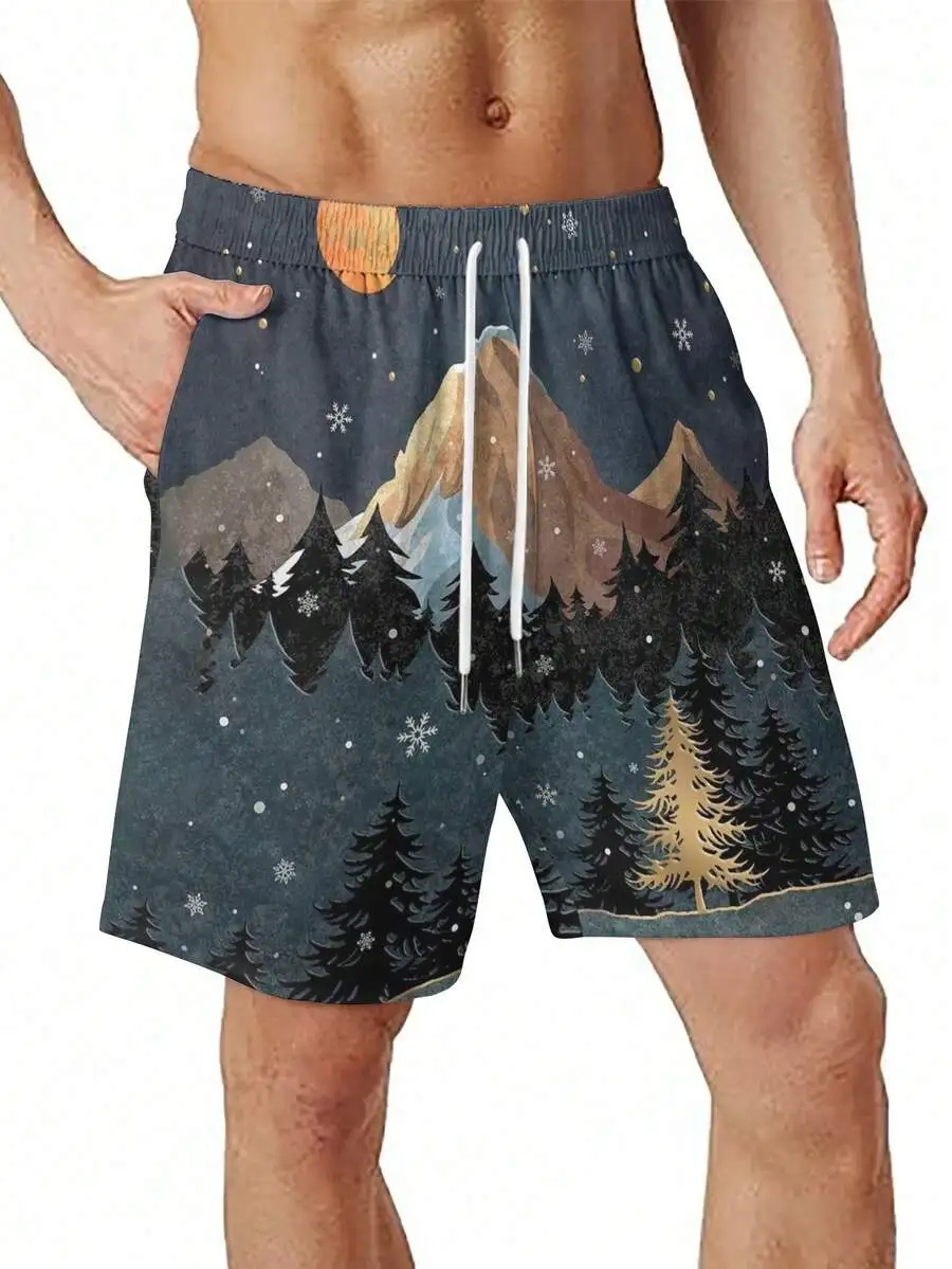 

Mens Beach Shorts With Winter Forest Mountain Print On Dark Gray Base