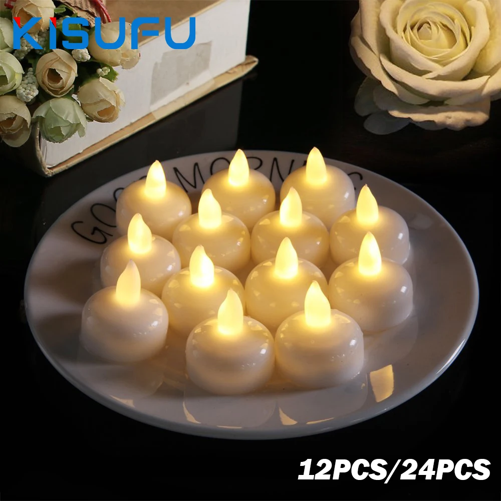 

12/24Pcs Floating Water LED Candles Waterproof White Warm Flameless Electric Flickering LED Candles for Pool Party Wedding Decor