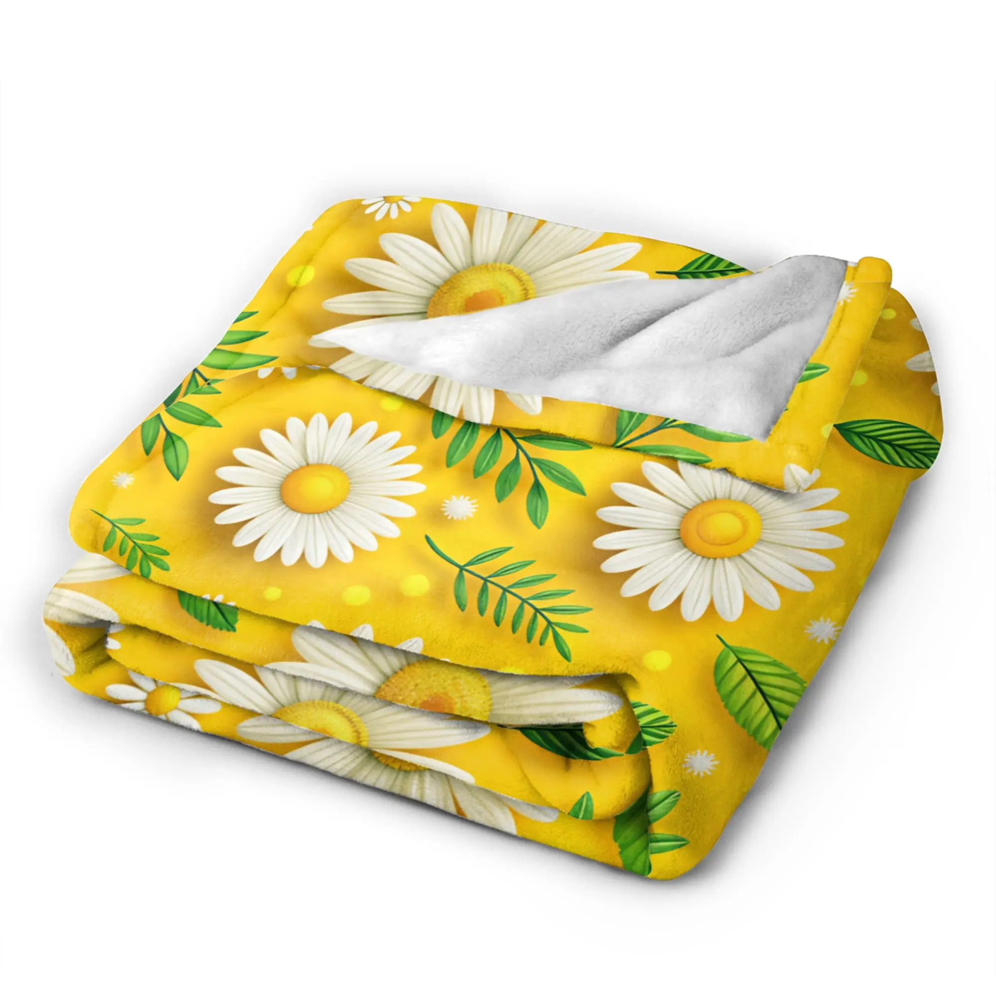 Warm Soft Throw Blanket Camping Yellow Background 3D Daisy And Leaves Pattern Blanket Flannel Bedspread For Couch Sofa Bed Cover