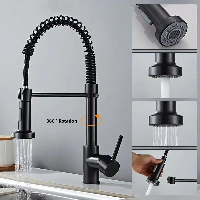 Pull-out spring stainless steel kitchen hot and cold water faucet, sink, washbasin, universal rotating splash-proof faucet