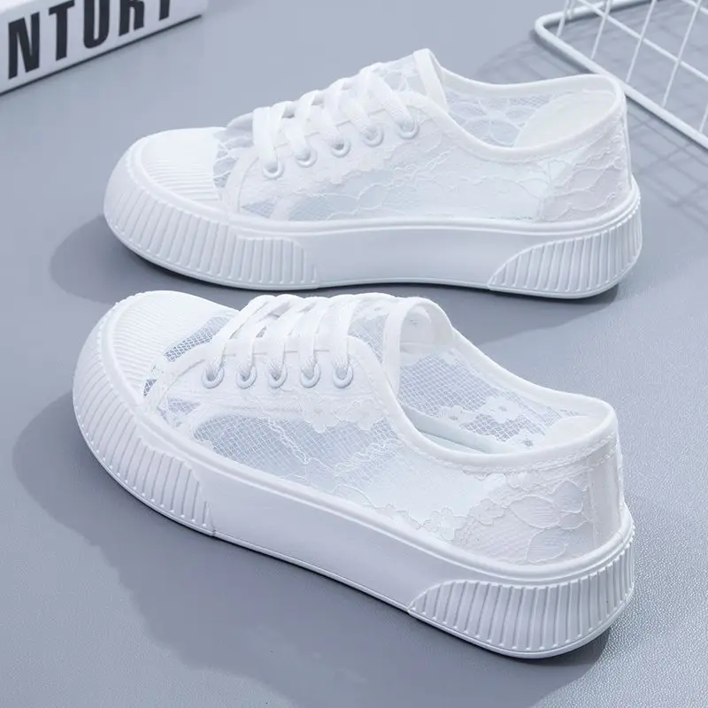 Women\'s Vulcanized Shoes Summer Fashion Lace Mesh Breathable Casual Sneakers Chunky Lace-up Flats Zapatillas Para Mujer