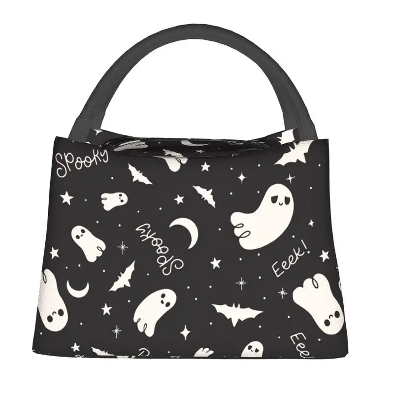 Spooky Cute Ghost Halloween Thermal Insulated Lunch Bag Women Goth Occult Witch Bats Portable Lunch Tote Meal Food Box