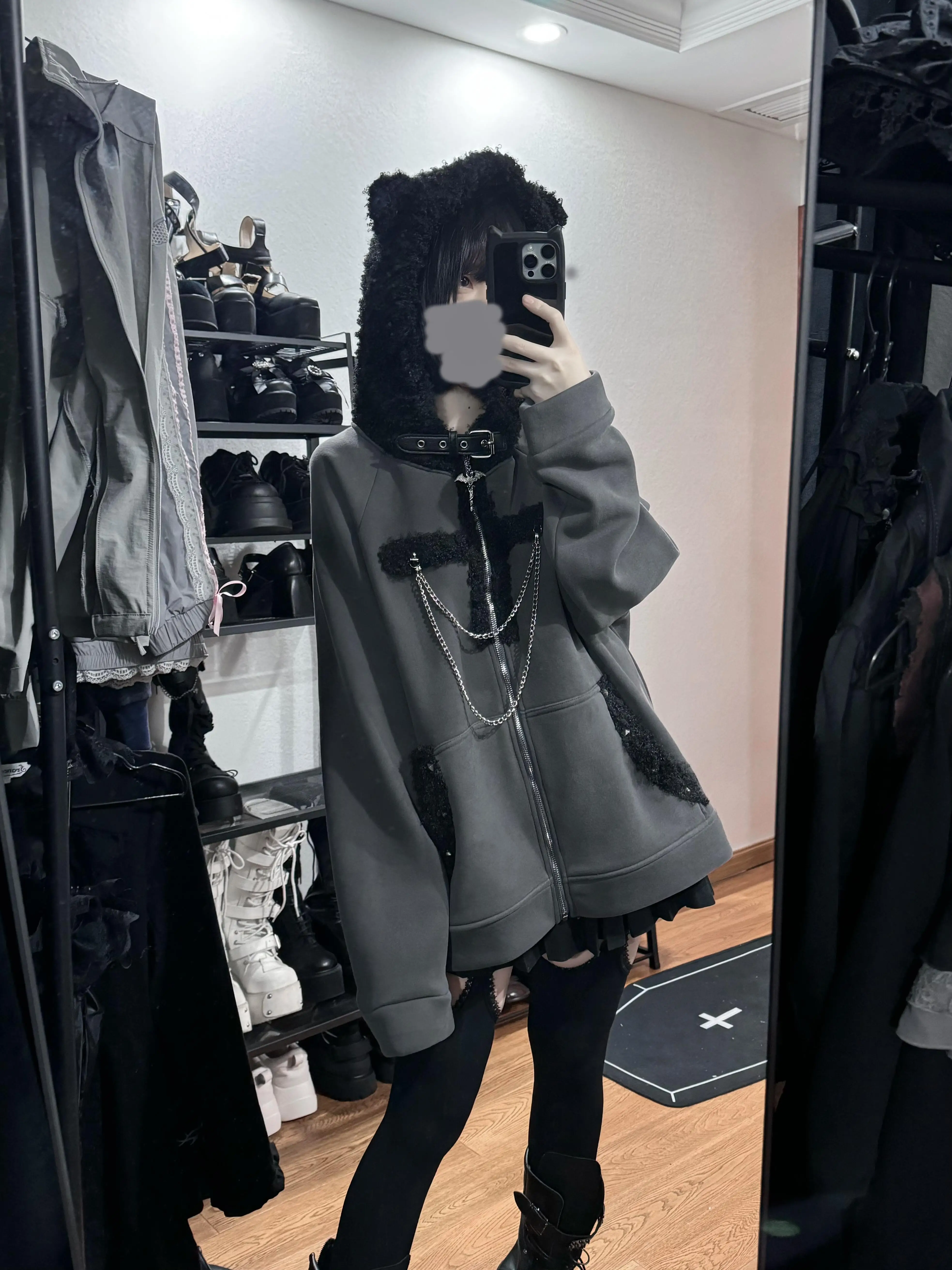 جديد الخريف Harajuku الأسود القط الأذن مقنعين طويلة الأكمام المعدنية الصليب البلوز معطف فتاة ساخنة فضفاضة سميكة الأزياء Kawaii معطف #3