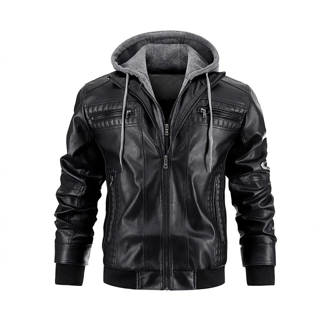 

Men's Casual PU Leather Jacket Hooded Windproof Leather Jackets Male Street Moto Style Leather Jackets New High Quality Blazers