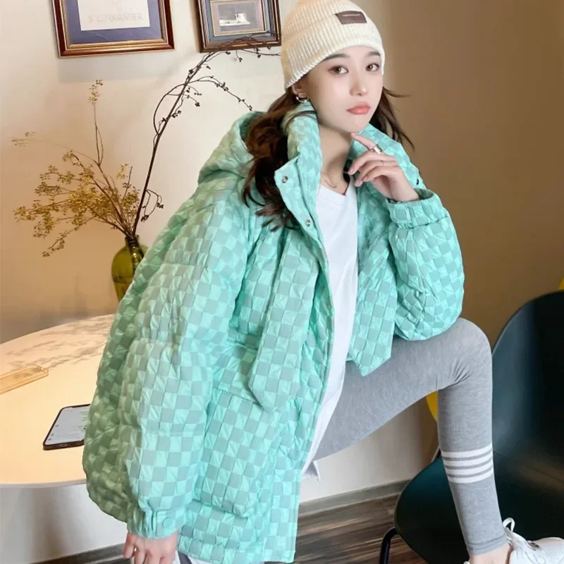 Women's Checkerboard Pattern Hooded Short Down Jacket, Warm Winter Coat, Thick, Loose, Casual, White Duck Down, Outwear