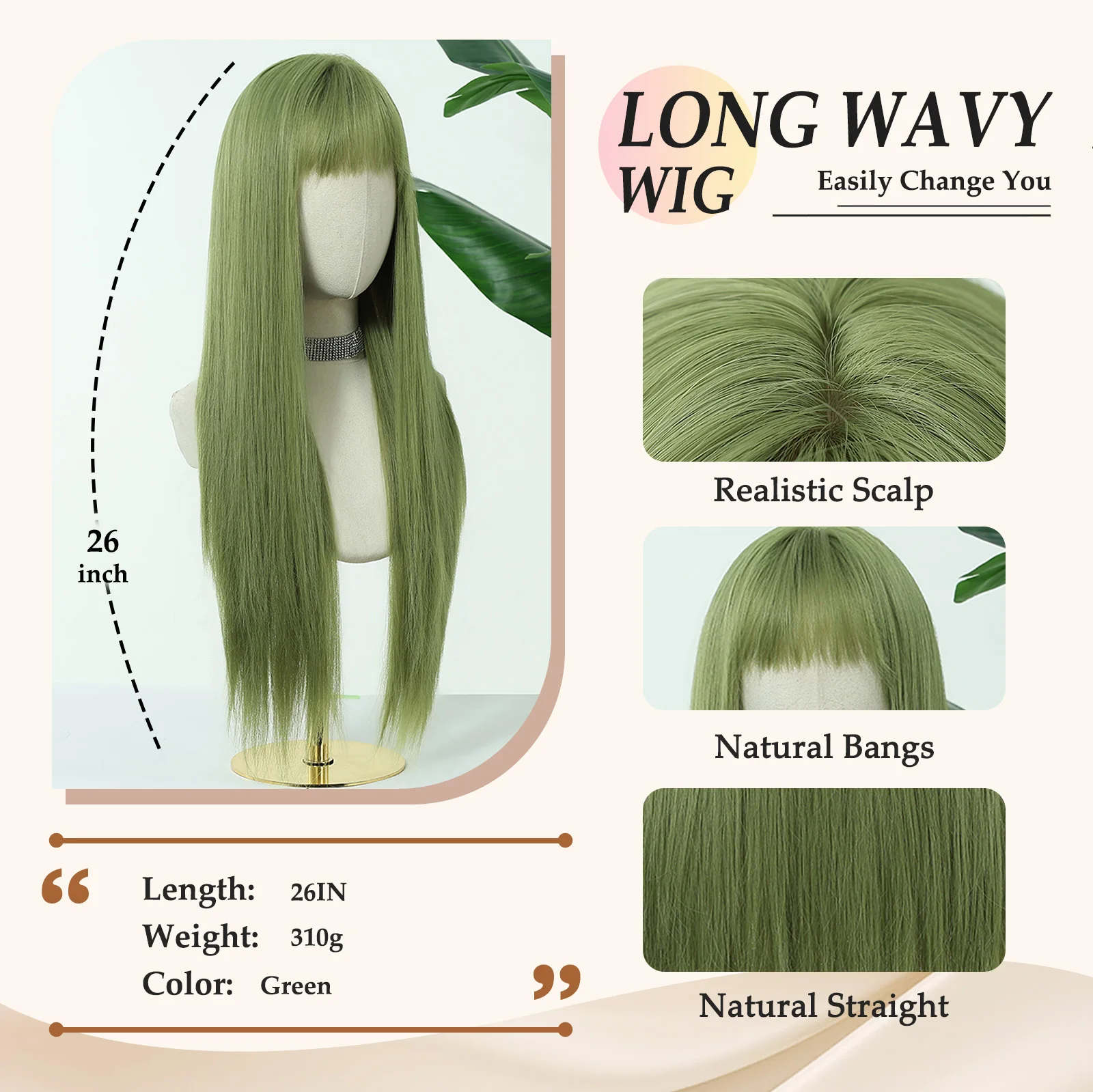Allbell Magique Mint Green Long Straight Synthetic Wig With Blunt Bangs Natural Look Green Cosplay Wig For Women Versatile Daily