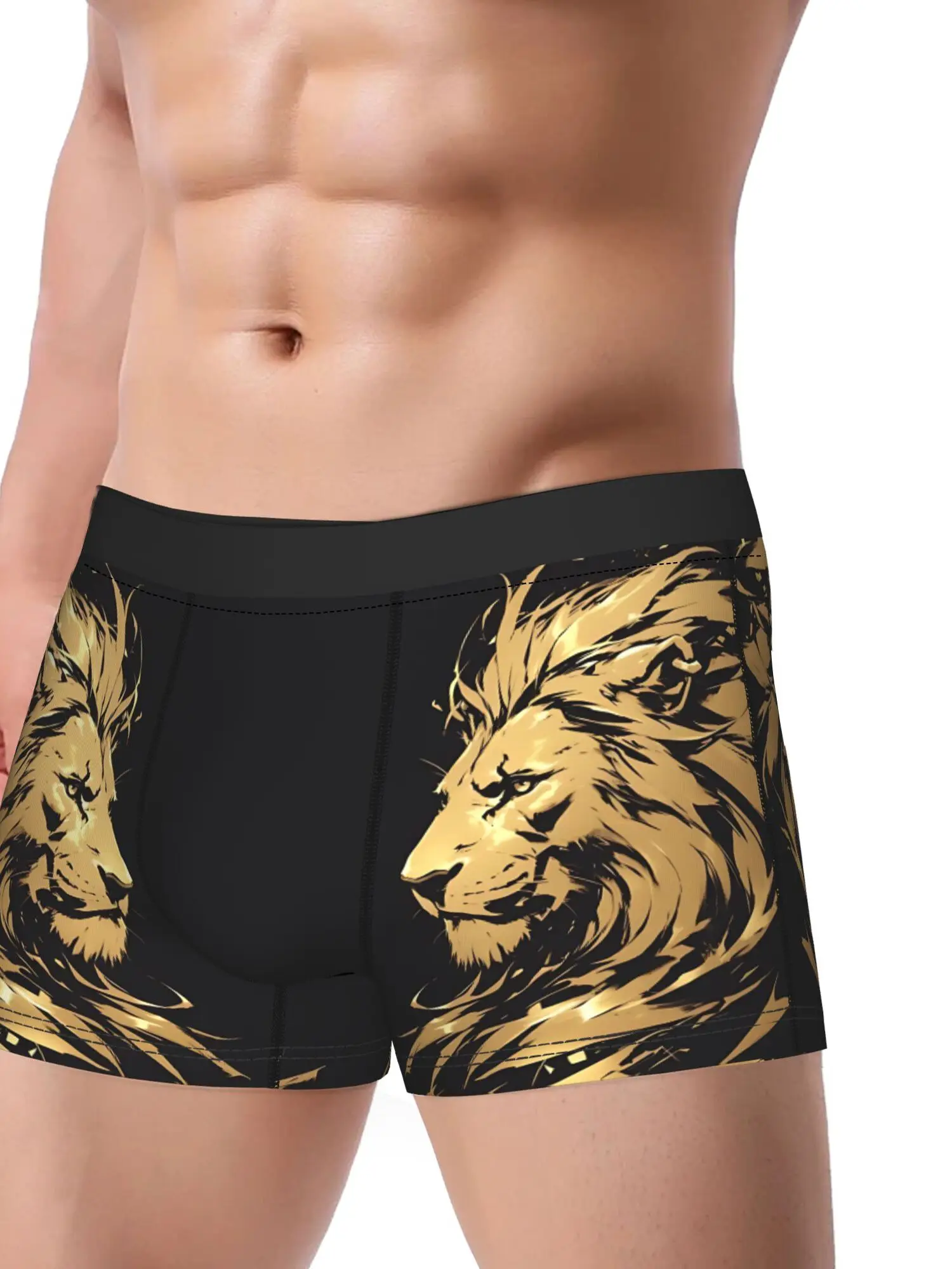 1pc Royal Golden Lion Face Print Boxer Briefs - Full Coverage Underwear Suitable for Christmas & Special Occasions, Lion Design