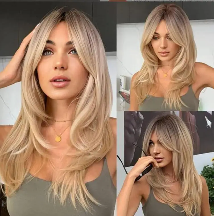 Peruca de parte média longa mista para mulheres, cabelo ondulado Ombre, Cosplay Party Hair, novo, 60cm