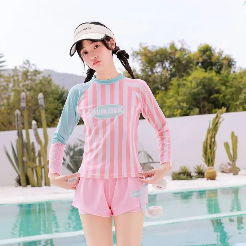 

Children Two Piece Swimsuit with Bra Pads Teenage Girls Long Sleeve Striped Swimwear 2024 Summer Surfing Diving Suit for Girls