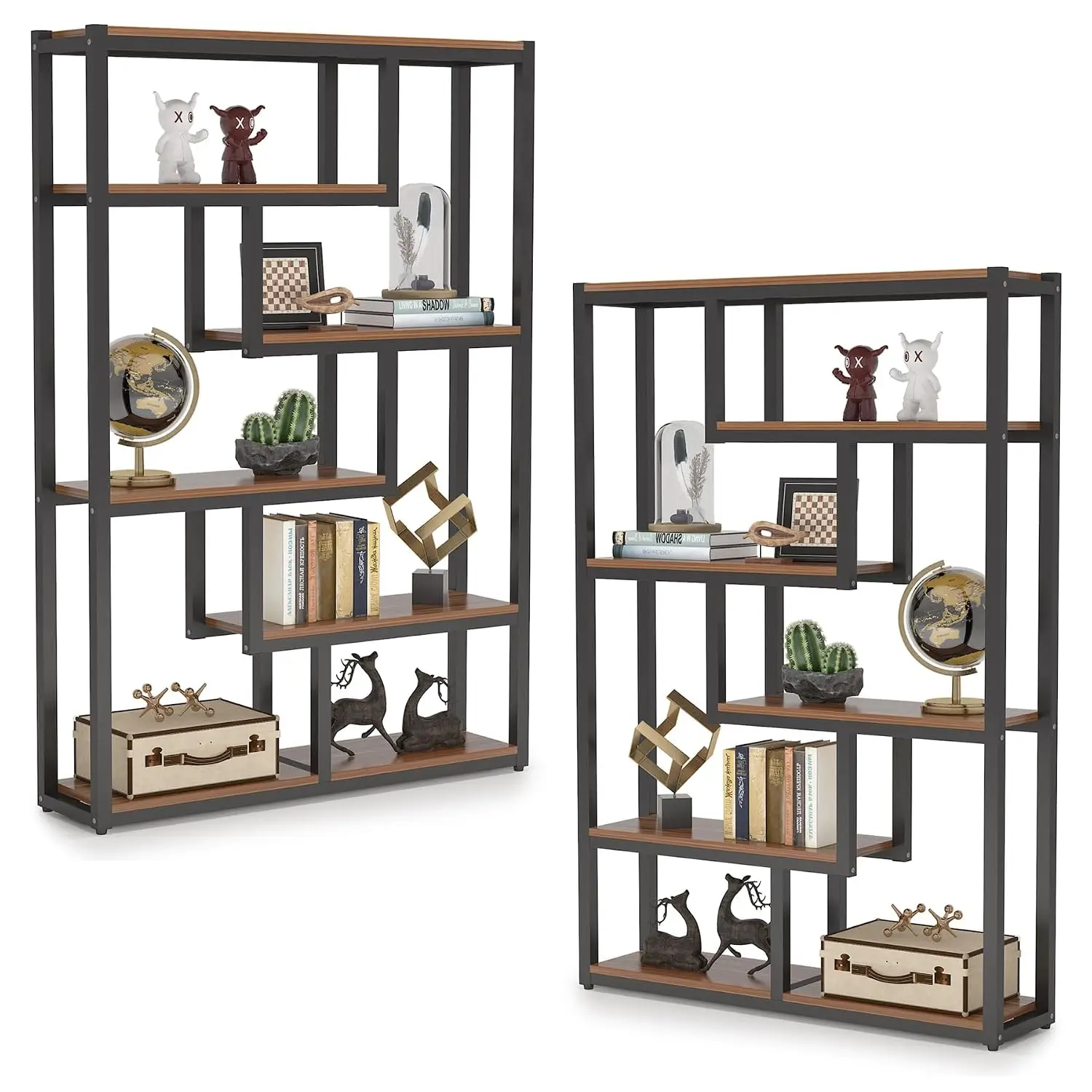 Industrial 6-Shelf Bookshelf Set of 2, Vintage 69 Inch Tall Storage Staggered Shelves Metal Frame Home Office, Customized