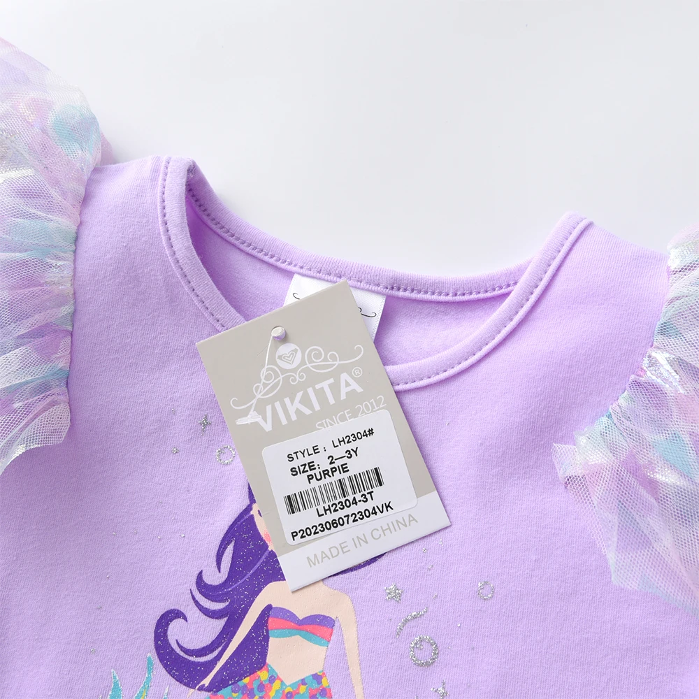 Mädchenkleid in Lavendel-Lila mit Meerjungfrauen-Print, langen Ärmeln, für Herbst und Frühling, glitzernd, geschichtet, für Geburtstagsfeiern, Alltag und Freizeit. – Detail 5