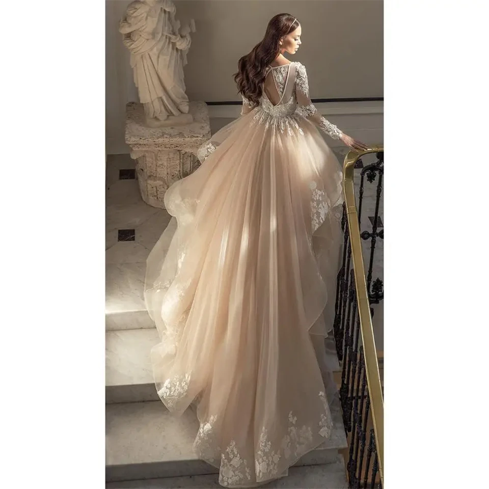 Gaun Pengantin Ilusi Lengan Panjang dengan Aplikasi V-Neck Elegan yang Dapat Disesuaikan 2025 dengan Ekor Chapel dari Tulle Vestido De Noiva
