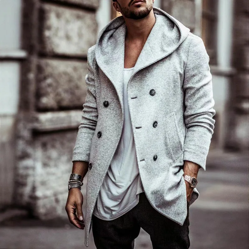 

Male Coat Autumn Earthy Trench Coat Medium Length Flip Collar Hooded Composite Space Cotton Double Broken Casual Trench Coat