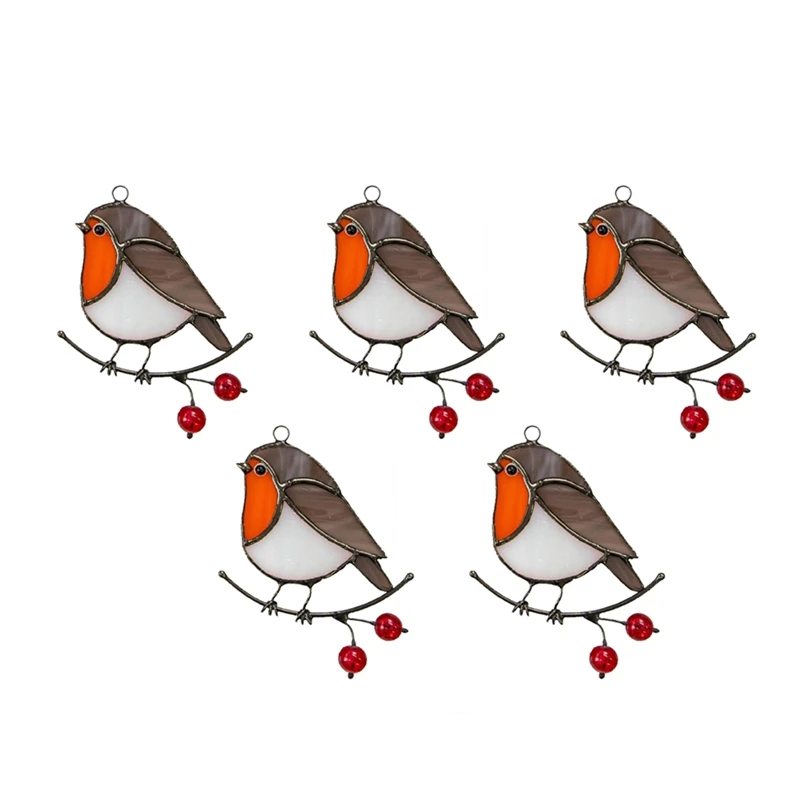 5X Hanging Multicolor Birds On Wire High Stained Acrylic Suncatcher Creative Window Panel Home Room Decor -Sitting Robin