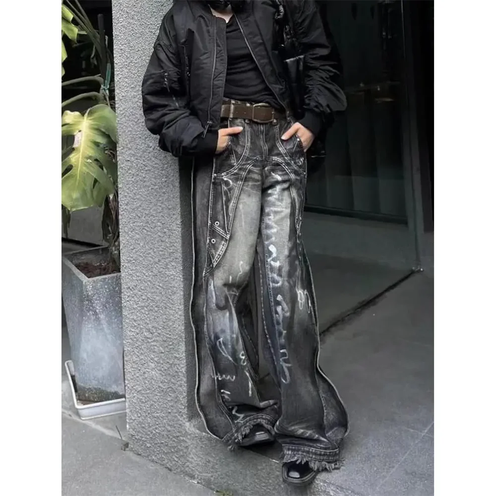 Harajuku Streetwear 2000s Emo Trashy Denim Trousers 2024 Women Y2k Graffiti Jeans Baggy Aesthetic Vintage Oversize Cowboy Pants