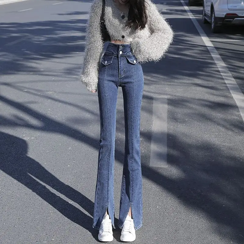 

2024 Women Flared Jeans Mid Waist Elastic Slimming Trousers Denim Pant Vintage Stretch Streetwear Boot Cut T30