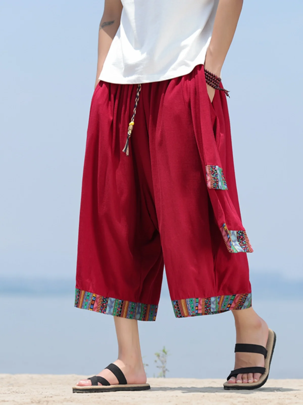 

Red Wine Color Cotton Linen Seven-Foot Men's Summer Loose Fit Trendy Brand Eight-Foot Elephant Pants Straight Leg Casual Trou...