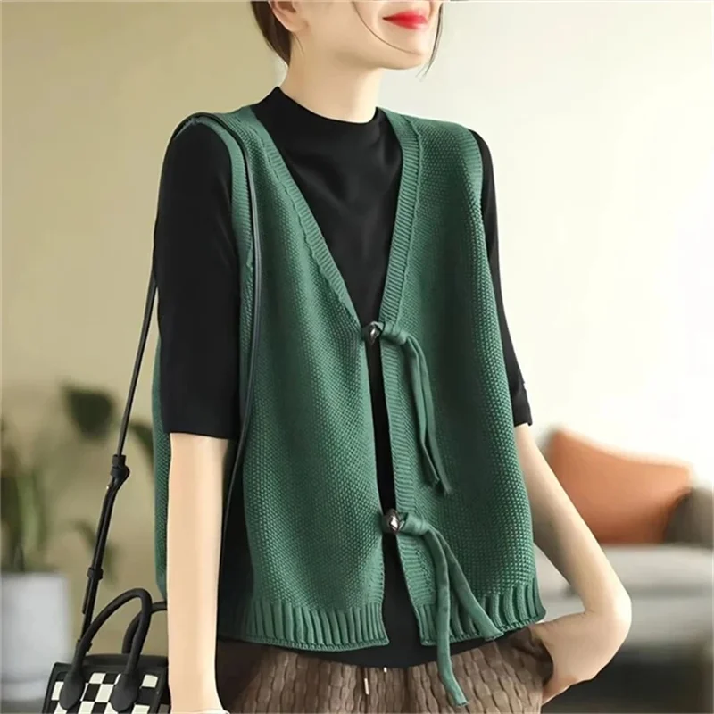 2024 Spring Autumn Restore Ancient Women\'s Sleeveless Knitting Sweater Vest Jacket Fashion V-Neck Cardigan Ladies Waistcoat