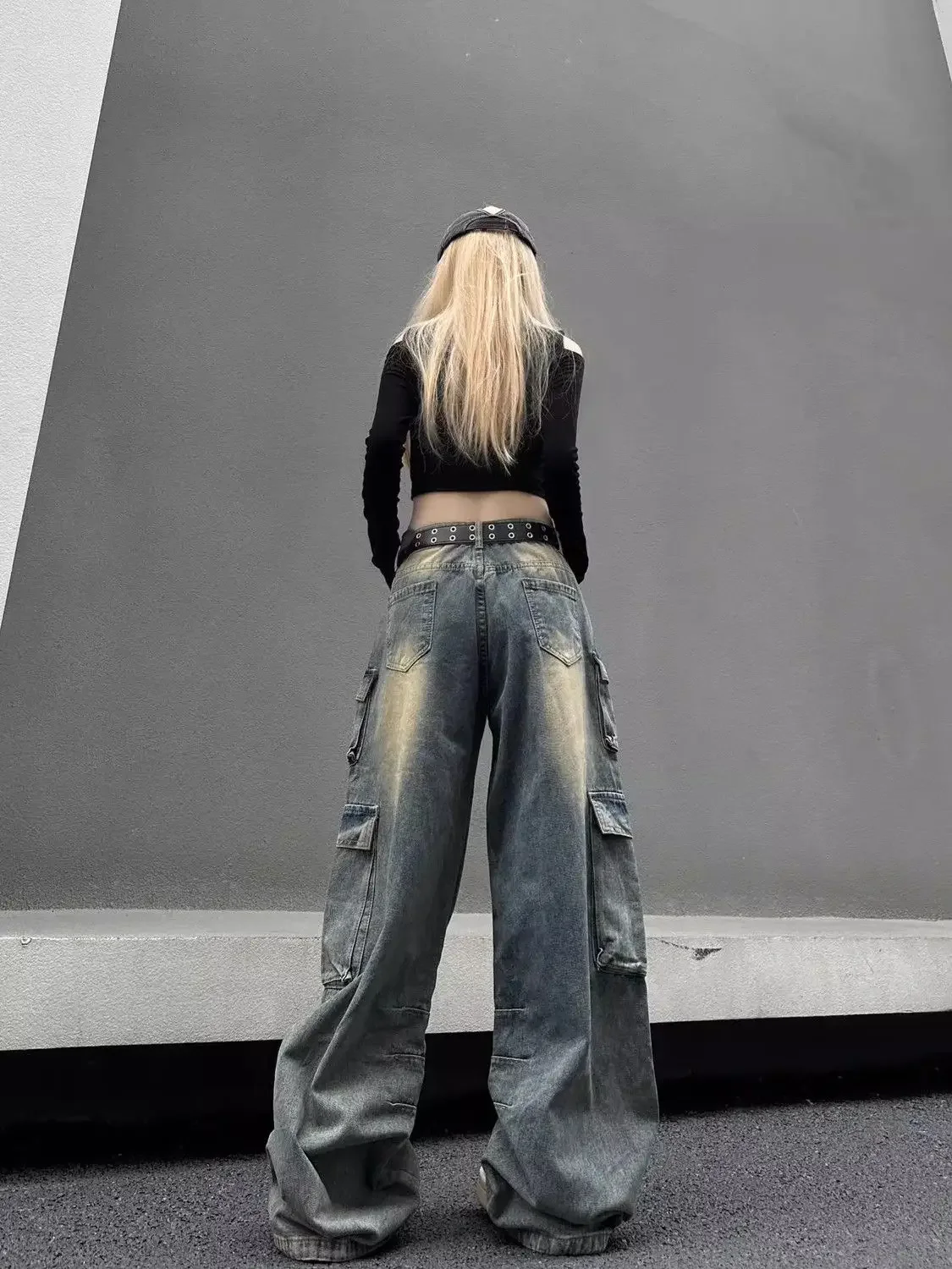 American JC Multi Pocket Style High Waist Strap Jeans Women's Washed Wide Leg High Street Baggy Fashion Pants Jeans y2k