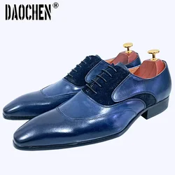 Luxury Brand Men Oxford Shoes Blue Black Mens Dress Shoes Lace Up Pointed Suede Patchwork Genuine Leather Shoes For Men