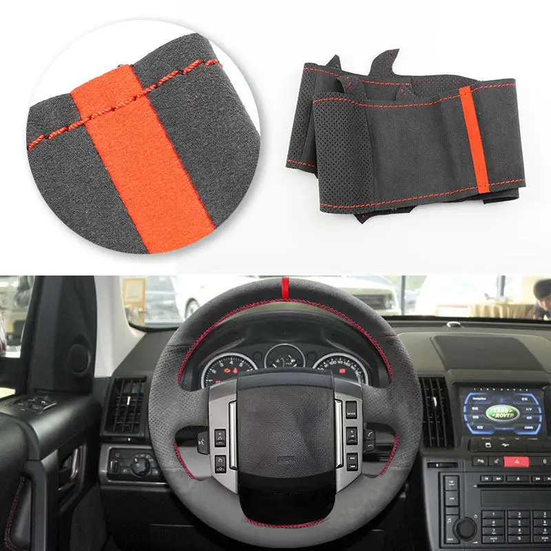 Black-red line with red strip Car Accessories Steering Wheel Suede Leather Cover Protective For Land Rover Discovery 3 2004-2009