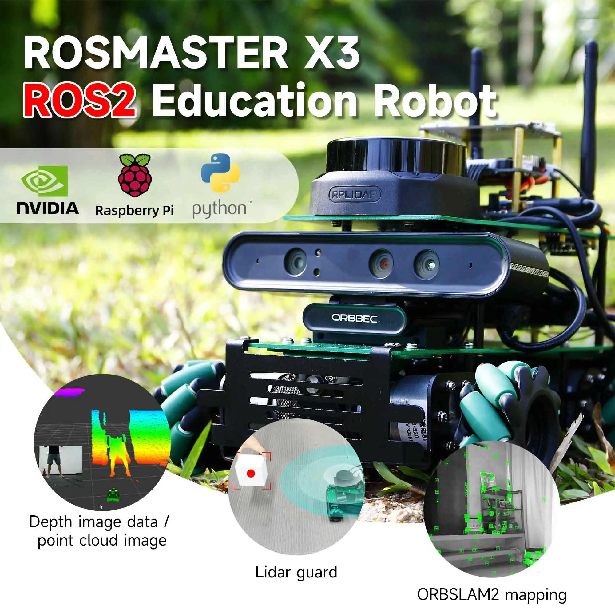 ROSMASTER X3 ROS2 روبوت عجلة مكانوم سبائك الألومنيوم الإطار الطيار الآلي ليدار رسم الخرائط لجيتسون نانو أورين NX أورين نانو راسبيربي