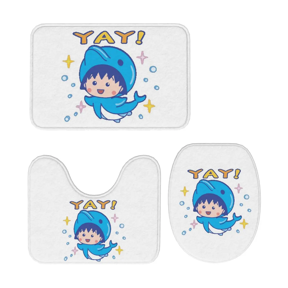 

Chibi Maruko Chan, 3-х предметный коврик для ванной, набор для ванной комнаты, крышка для унитаза, домашний декор, нескользящий ковер, напольный коврик