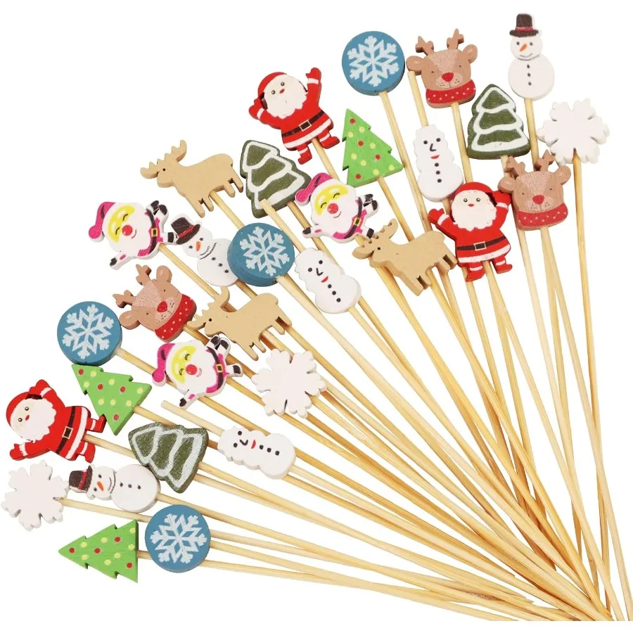 

Cocktail Picks - 100 Counts Snowmen Snowflakes Reindeer Santa Claus Christmas Decorative Toothpicks for Appetizers 4.7 ih Long