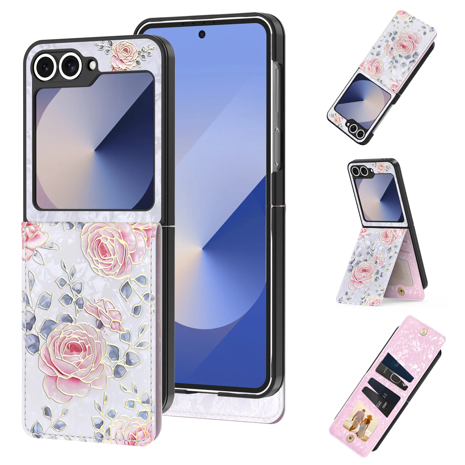 

For Samsung Galaxy Z Flip7 6 5 with Card Holders Kickstand RFID Blocking Double Magnetic Clasp Rilievo Flower Flip Case