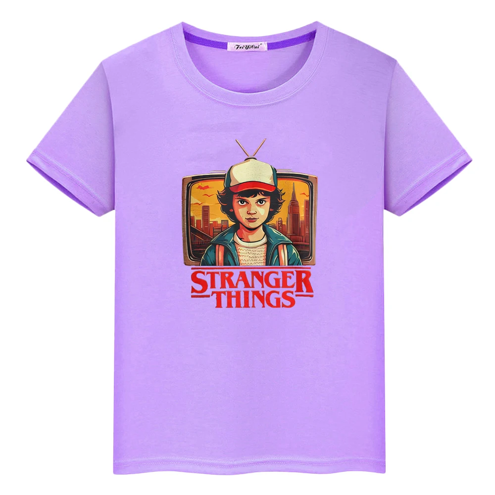 stranger things print 100%Cotton t shirt for kids boy10year Anime Tees y2k one piece Kawaii Short Tops tshirt kids clothes girls