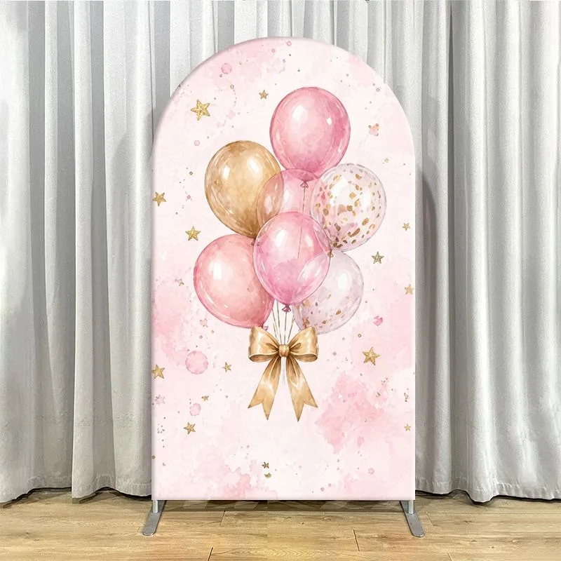 Single Side Arch Backdrop Cover Elegant Pink Princess Themed Party Backdrop Set Featuring Ballerina Dress Balloons and Floral