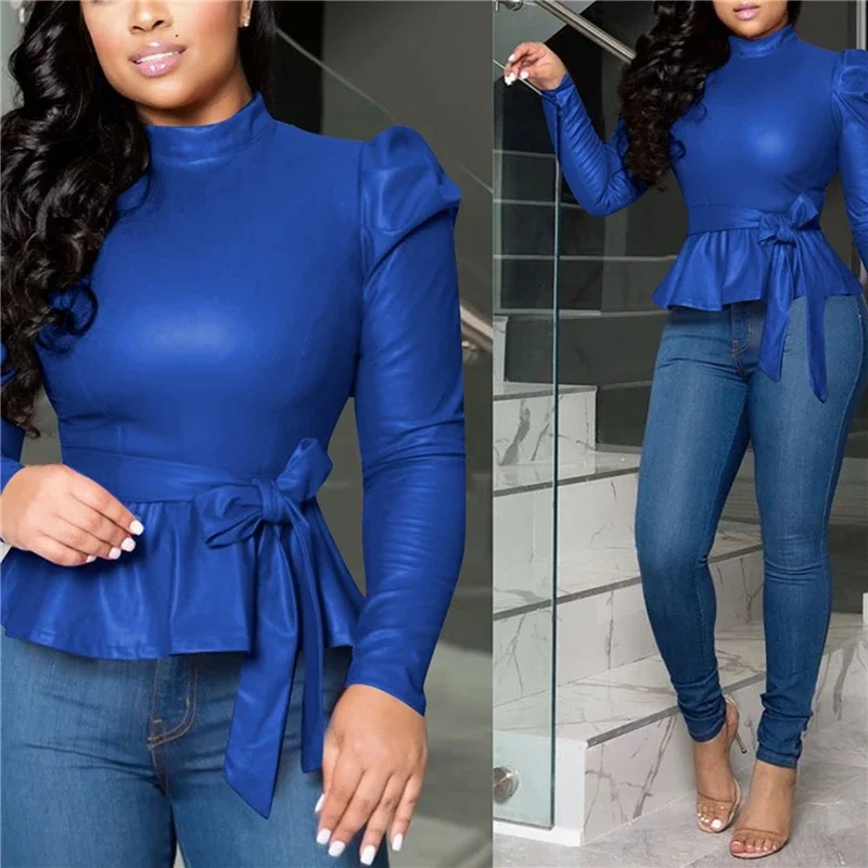 Women Bonded Leather Long Sleeve Slim Solid Pullover High Street Tops Cool Mulit-Colors Locomotive Style T-Shirt with Sashes