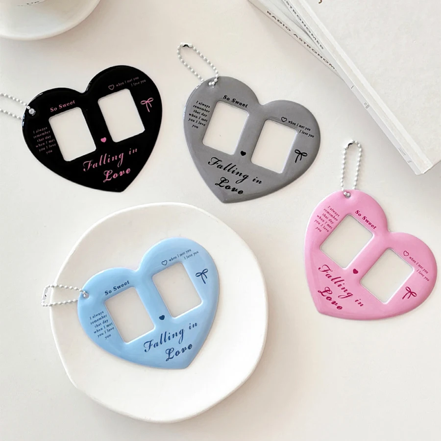 Lindo doble corazón amor 1 pulgada foto CP tarjeta manga doble celosía corazón tarjeta manga llavero colgante