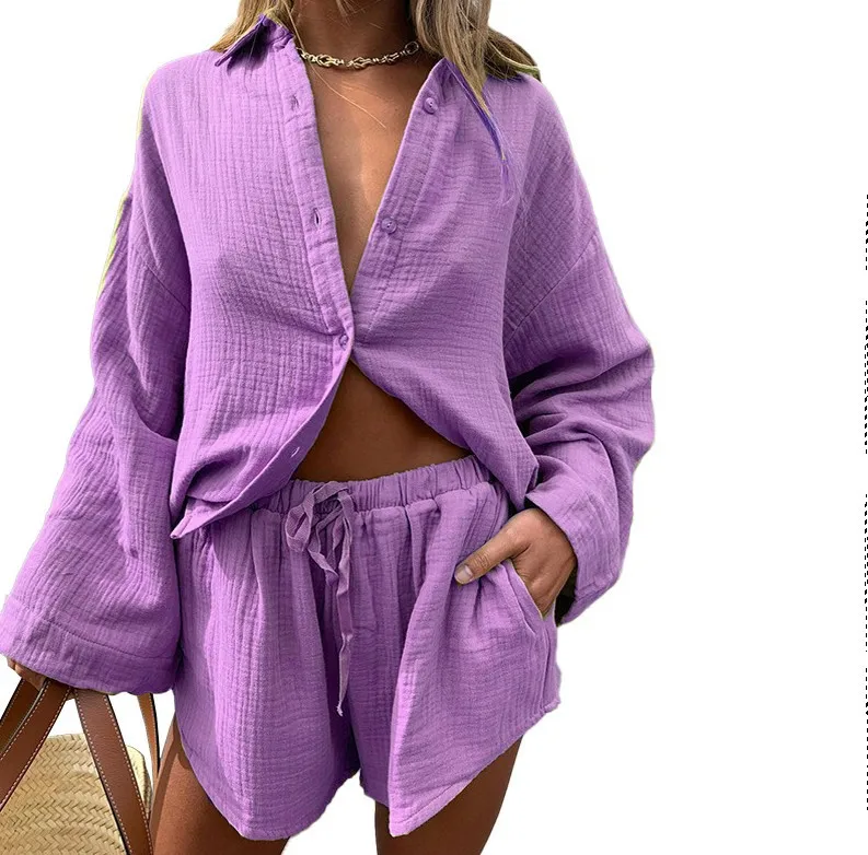 Camicia casual in cotone e lino Set di pantaloncini Camicie con maniche svasate alla moda Completi Camicie larghe primavera estate + pantaloncini Set di due pezzi