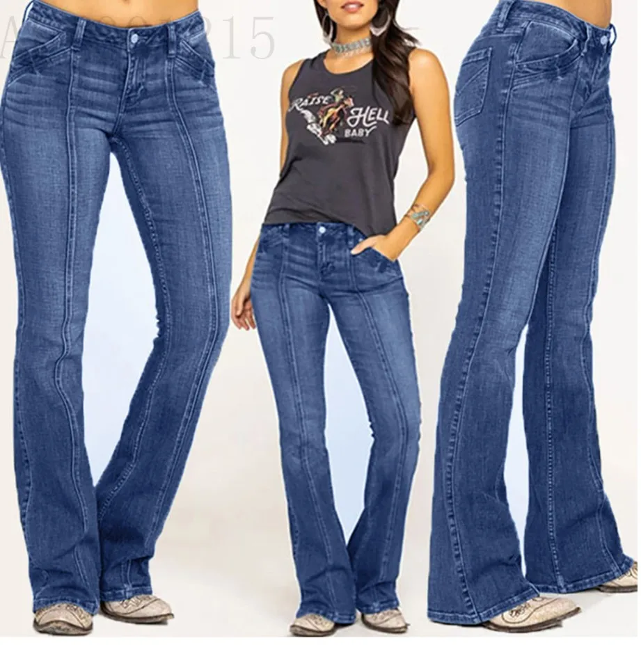 Amazon Cross-Border European And American Women's Fashion Denim Low Waist Ripped Flared Long Pants