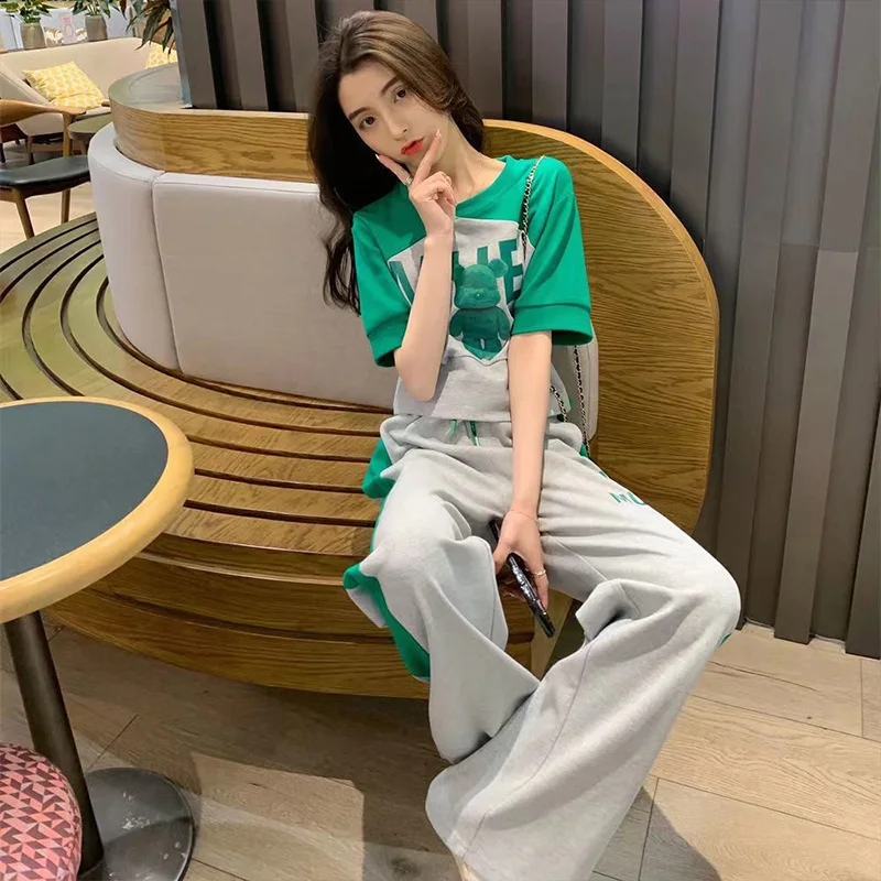 Leisure Sports Women\'s 2023 Summer New Fashion Round Neck Short Sleeve T-shirt Wide Leg Pants Two Piece Set Corture Tracksuit
