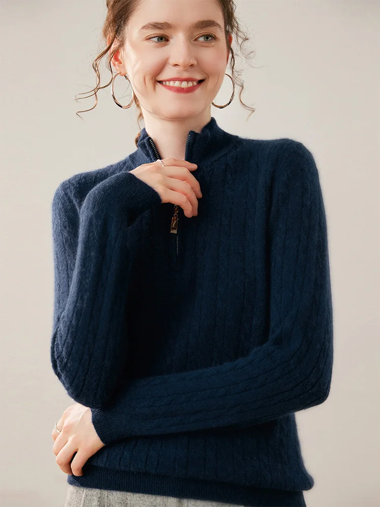 Twist Flower Women's Pullovers 100% Cashmere Knitted Mock Neck Sweater Zipper Chic Long Sleeve Basic Soft Warm Autumn Winter Top