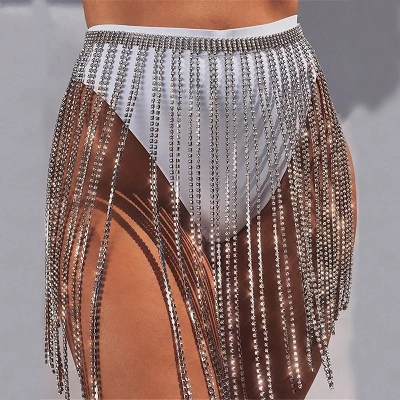 Iced Rhinestone Long Tassel Belly Chain Sexy Skirt Fashion Jewelry Waist Body Chain Fringe Adjustable Bikini Skirt Summer Gift