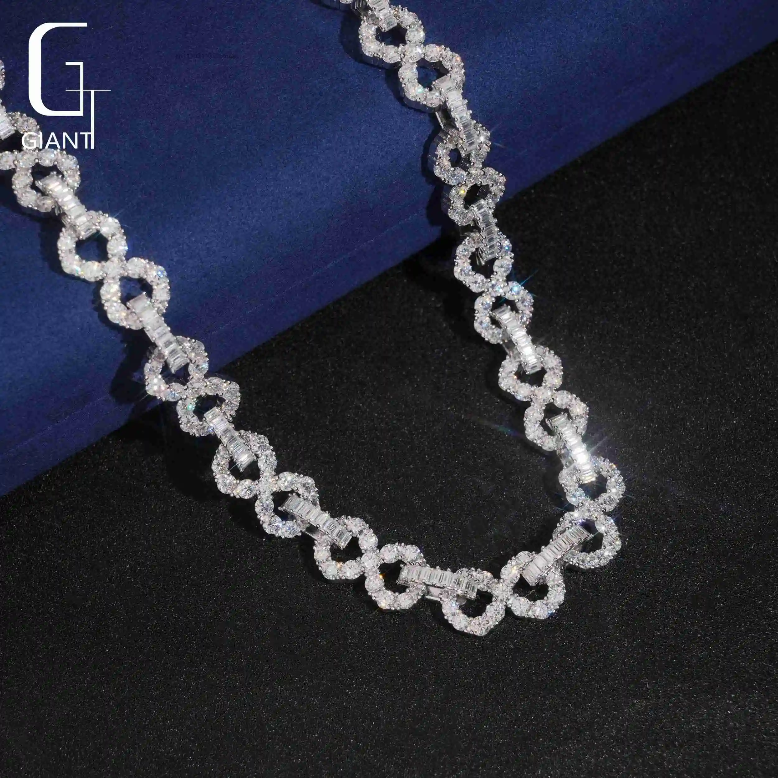 Moissanite Link Chain Sterling Silver 925 Hip Hop Iced Chains Round and baguette Moissanite Chain Fashion Chains Necklaces,