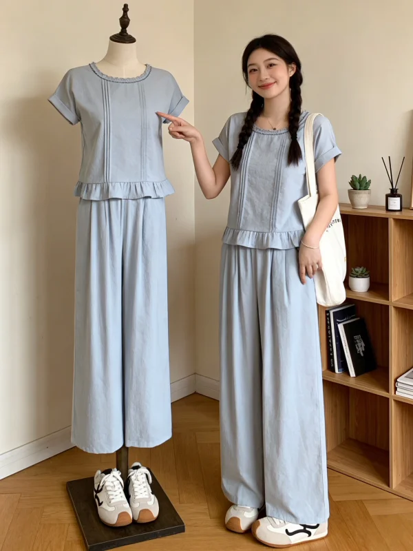 

Summer Fashion Wide Leg Pants Set Women's Loose Fit Short Sleeve Blue High Waist Two Piece Suit Office Commute Style