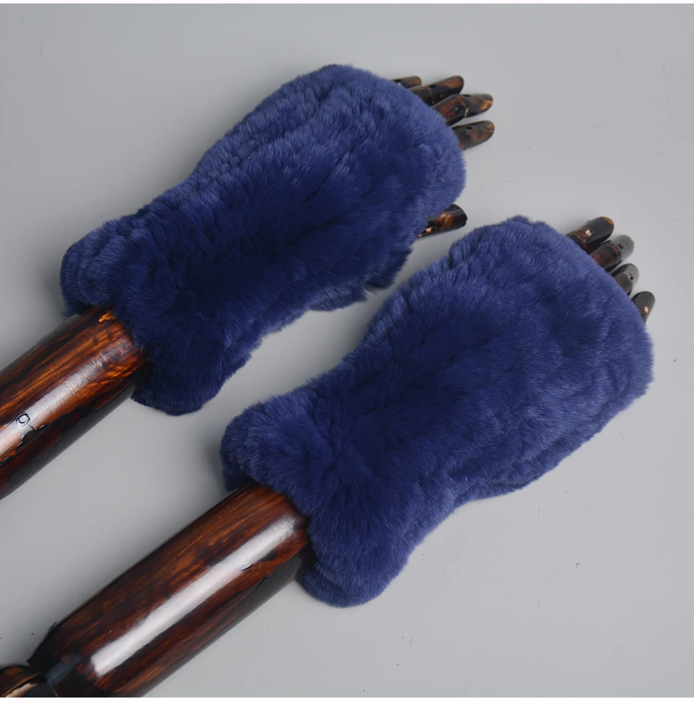 New Women 100% Real Genuine Knitted Rex Rabbit Fur Mittens Winter Warm Lady Real Fur Fingerless Gloves Handmade Knit Fur Mitten