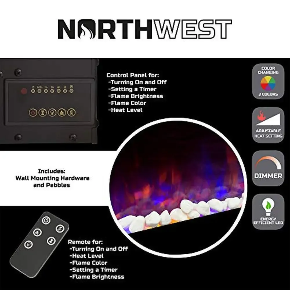 54" Black Wall Mounted Electric Fireplace Heater Remote Control LED Flame Timer Heat Modern Home Decor Functional 750/1500W