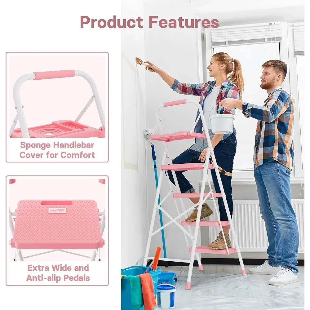 400lbs Max Load 4-Step Folding Ladder Tool Tray Anti-Slip Pedals Portable Lightweight Steel Step Stool Compact Design