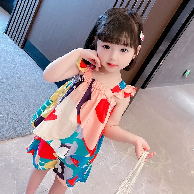 2pc/Set Baby Girl Sets Summer Flower Print Camisole Top Shorts Baby Clothes Girl Cute Girls Beach Set Costume For Baby image 2