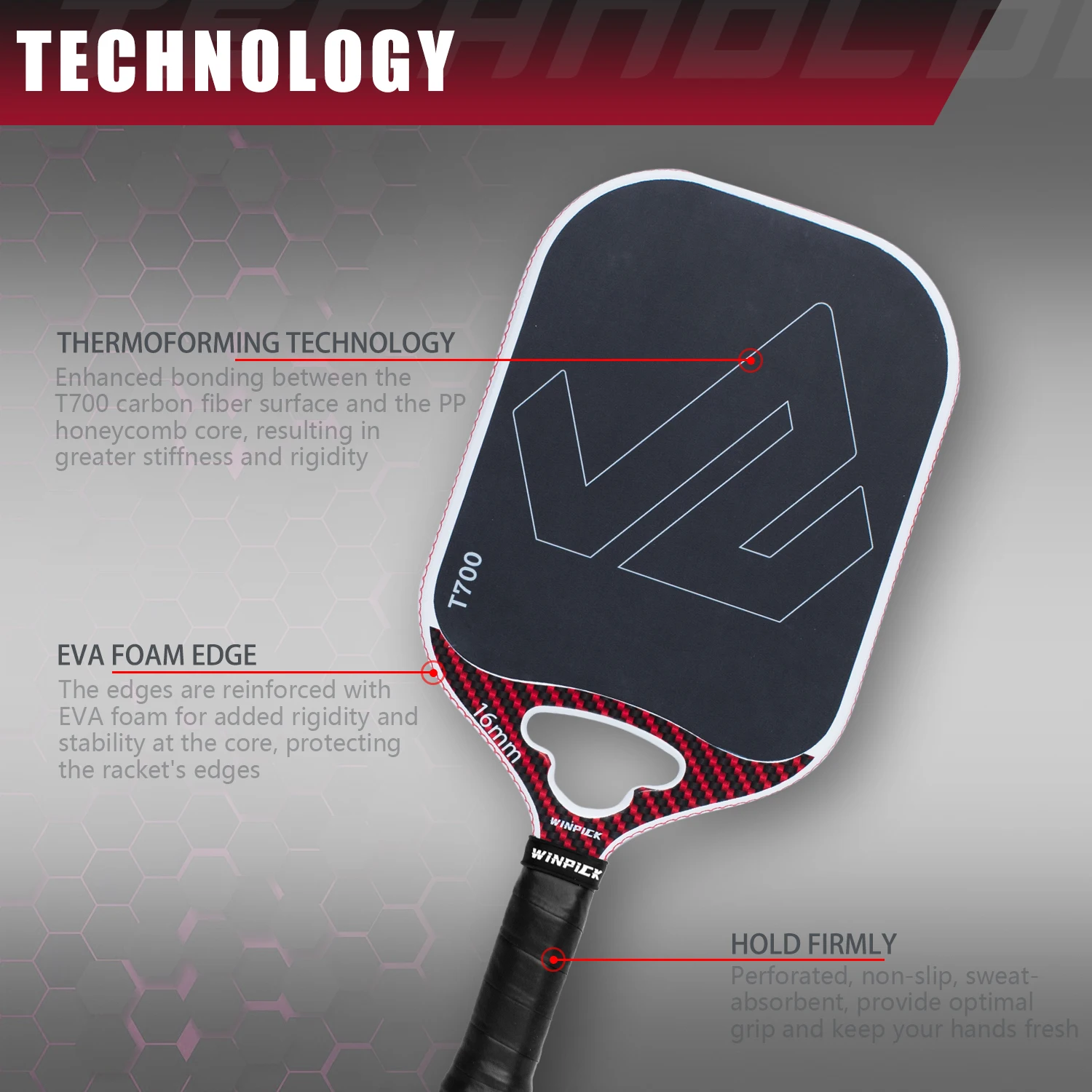 Winpick Pickleball Paddles Air Control Carbon Fiber Pickleball Paddle 360 Proto Molding Designed for Ultimate Power & Control