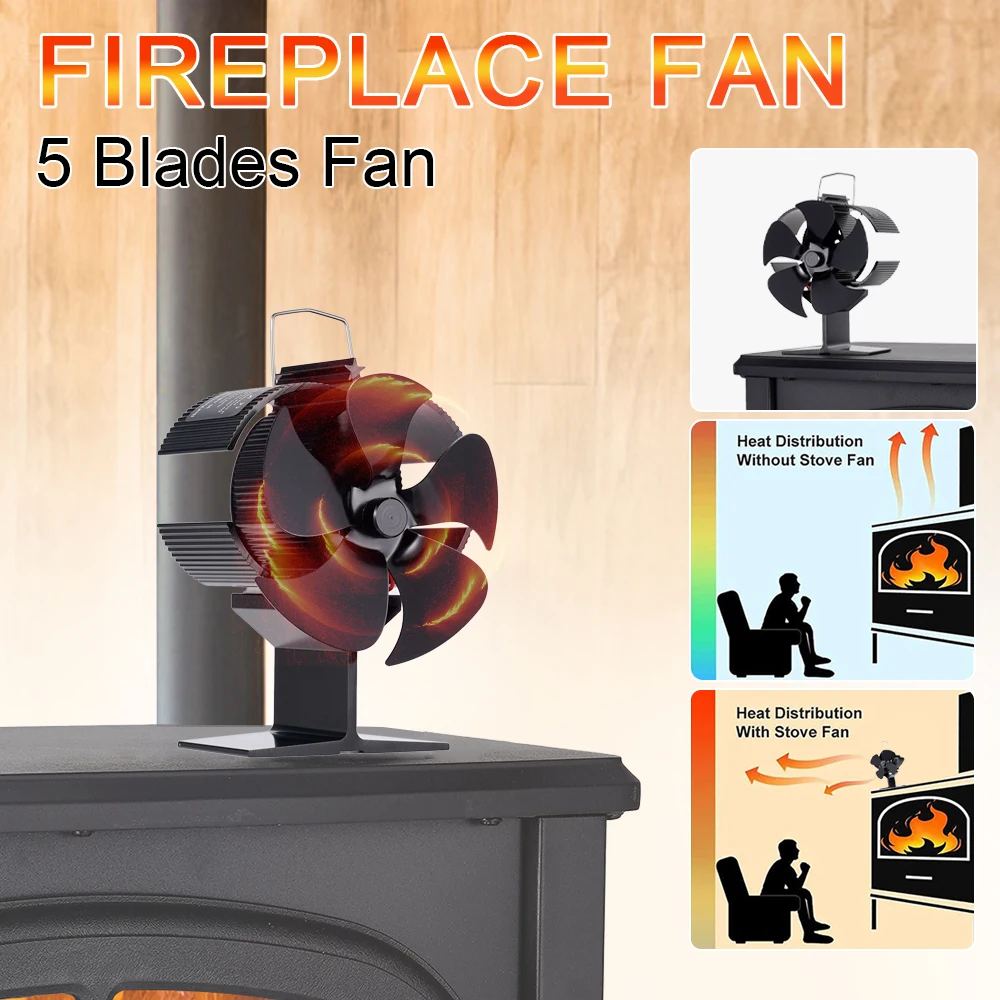 Black Fireplace Fan Mini 5-leaf Hot Air Stove Environmentally Friendly Quiet Fan Efficient Heat Distribution In Households